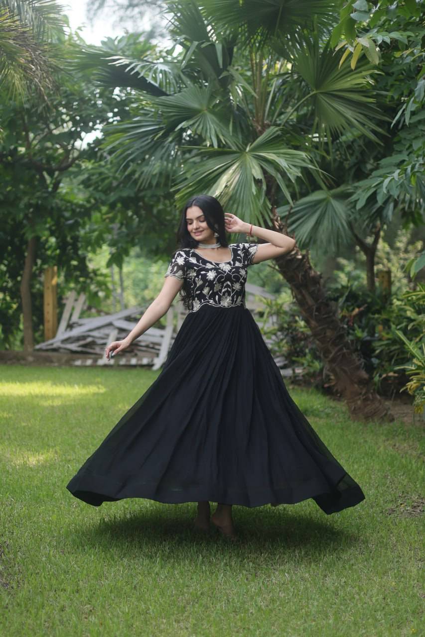 Enticing Faux Georgette Coded Sequins Embroidered Gown - INDIAN ELEGANCE