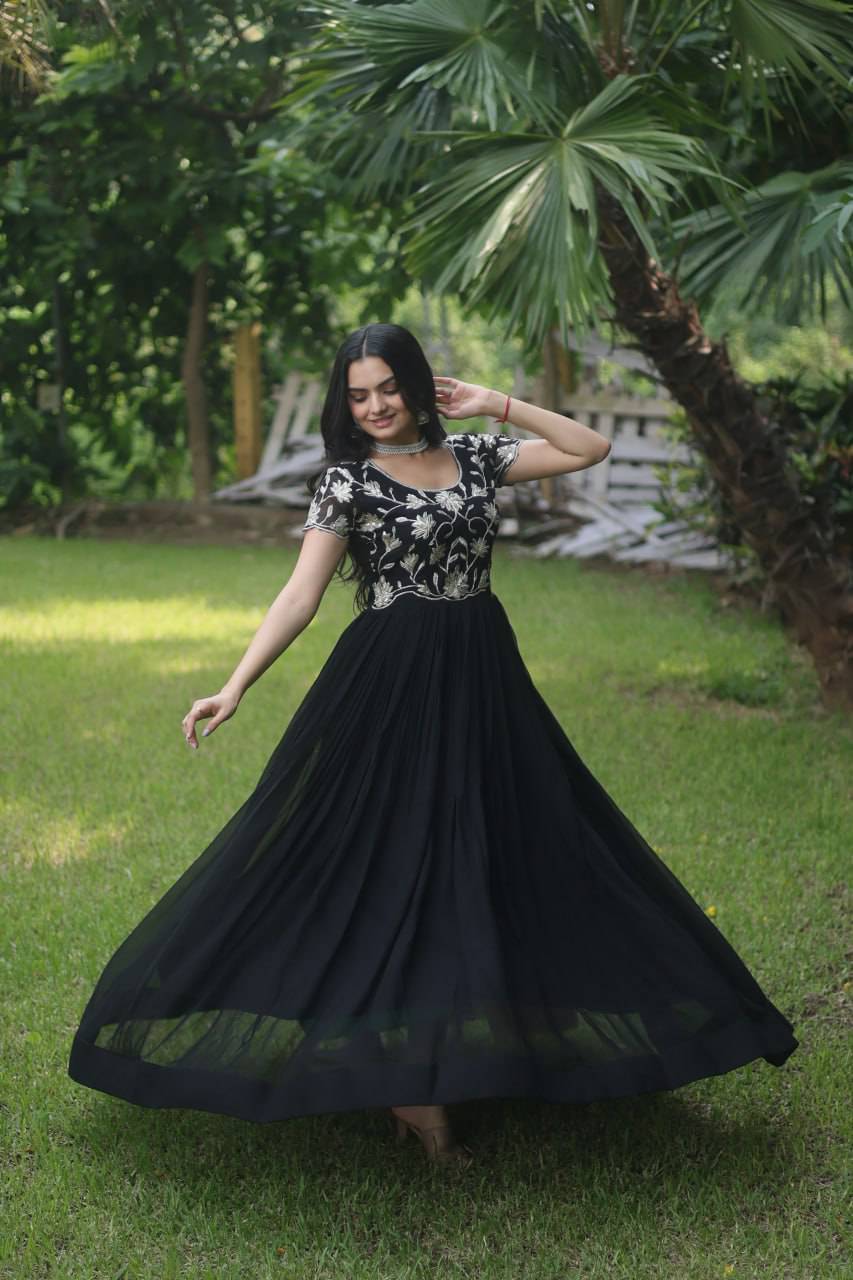 Enticing Faux Georgette Coded Sequins Embroidered Gown - INDIAN ELEGANCE