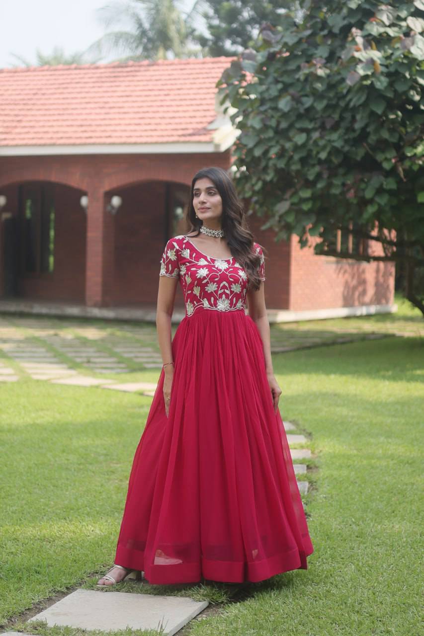 Enticing Faux Georgette Coded Sequins Embroidered Gown - INDIAN ELEGANCE
