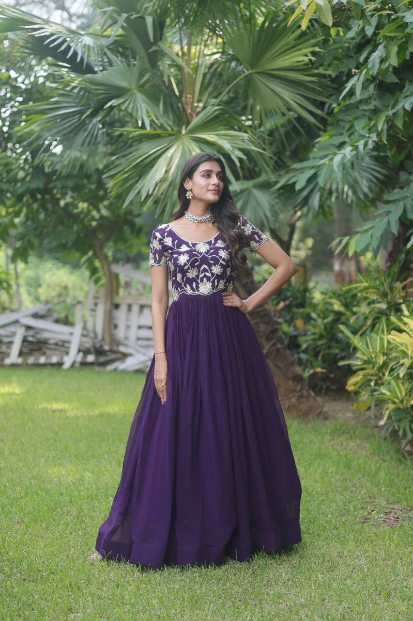 Enticing Faux Georgette Coded Sequins Embroidered Gown - INDIAN ELEGANCE