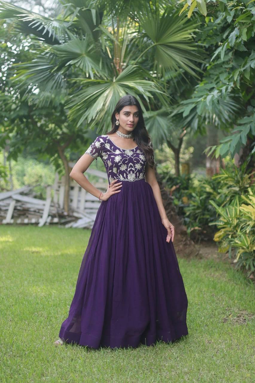 Enticing Faux Georgette Coded Sequins Embroidered Gown - INDIAN ELEGANCE