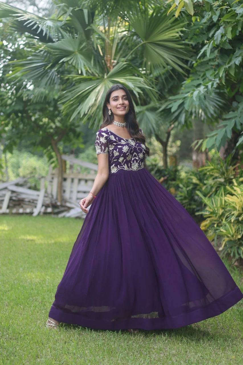 Enticing Faux Georgette Coded Sequins Embroidered Gown - INDIAN ELEGANCE