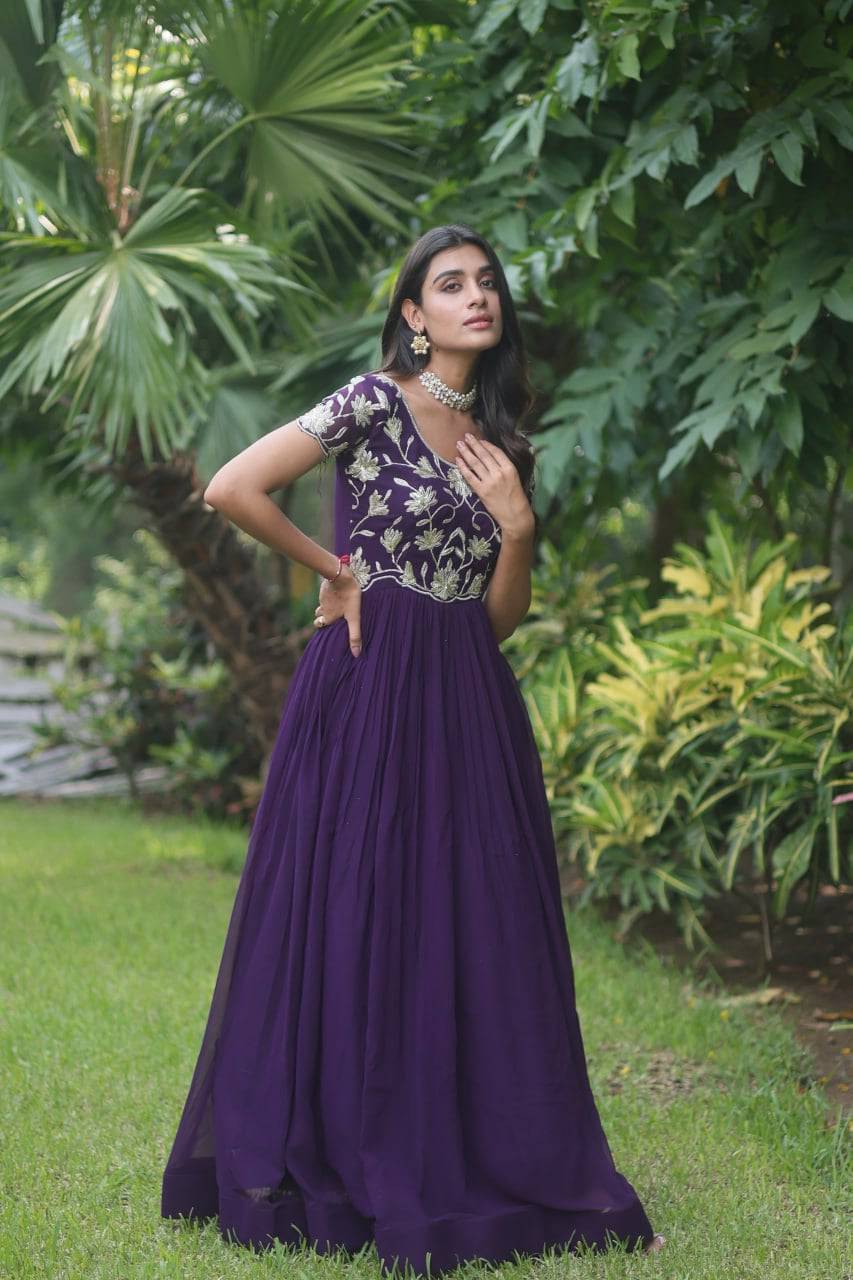 Enticing Faux Georgette Coded Sequins Embroidered Gown - INDIAN ELEGANCE