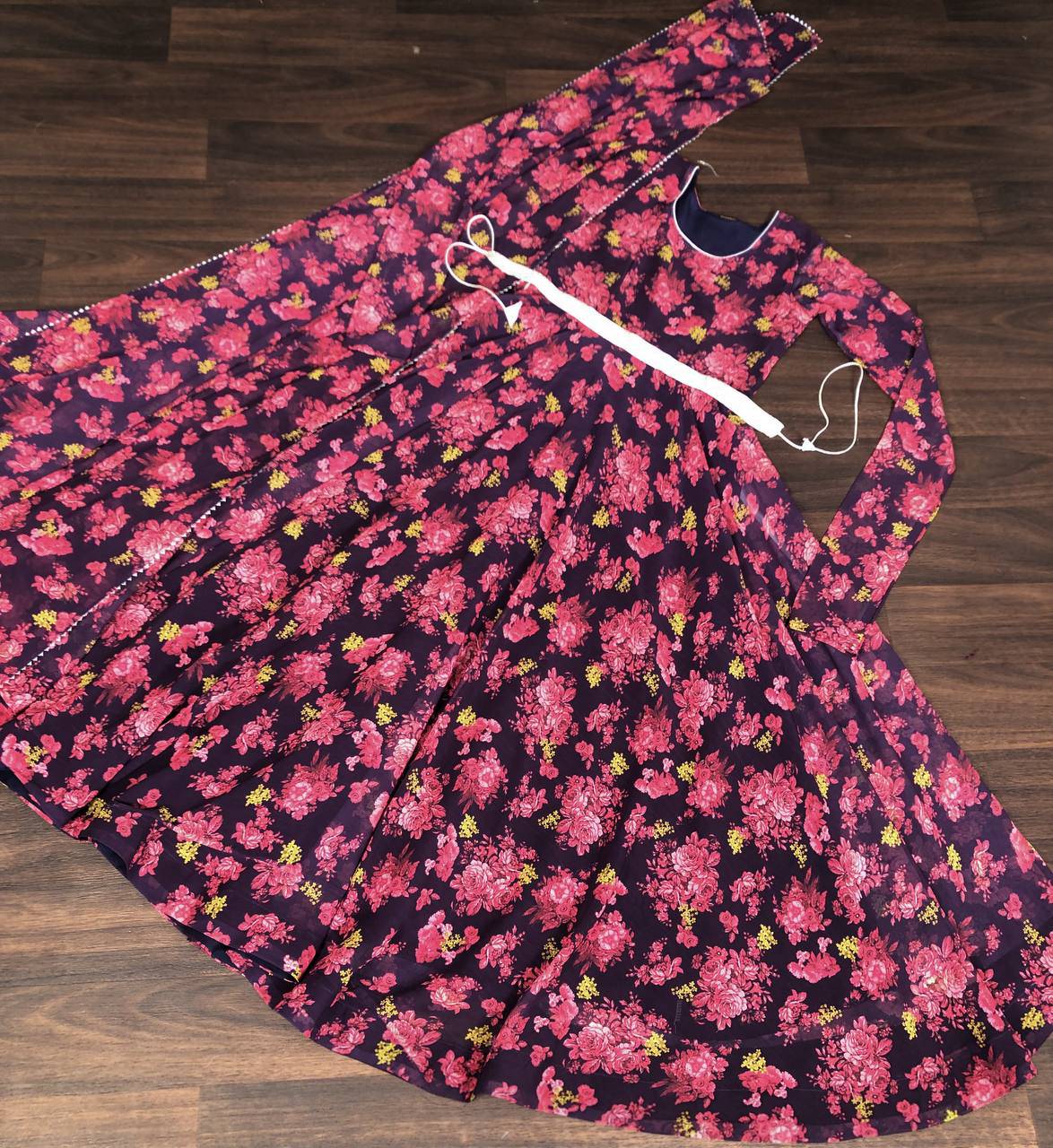 Unique Pink Floral Digital Printed Faux Georgette Fully Stitched Gown With Dupatta - INDIAN ELEGANCE