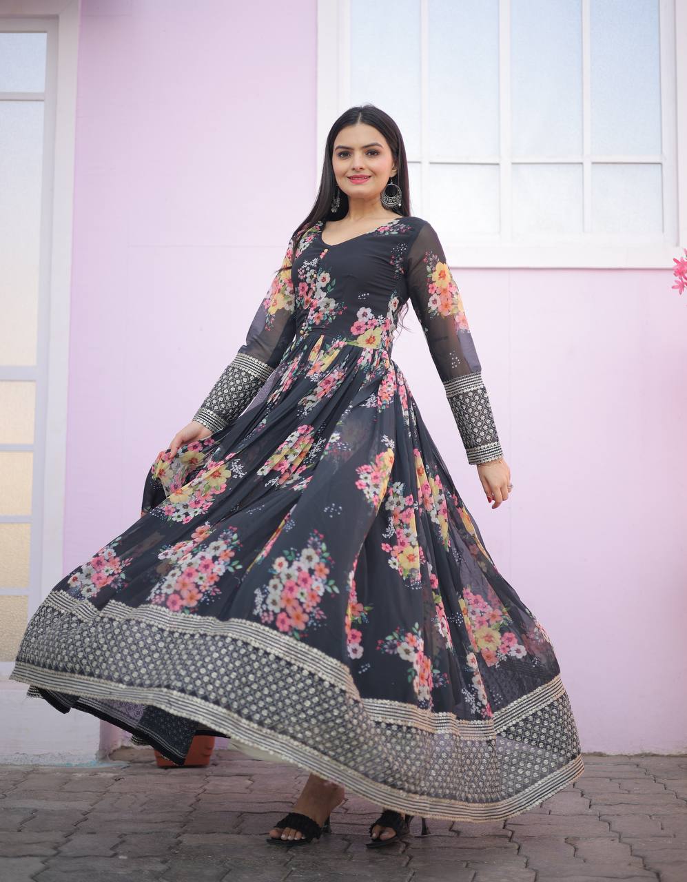 Thrilling Floral Digital Printed Sequins Zari Worked Fully Stitched Gown - INDIAN ELEGANCE