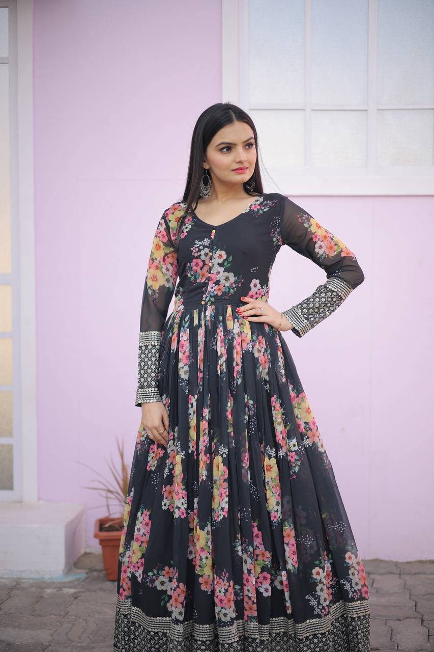 Thrilling Floral Digital Printed Sequins Zari Worked Fully Stitched Gown - INDIAN ELEGANCE