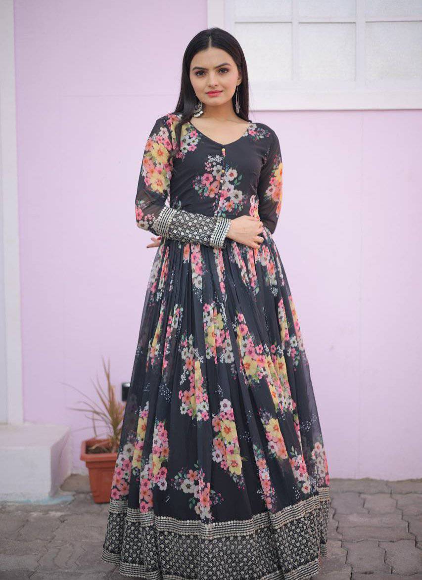 Thrilling Floral Digital Printed Sequins Zari Worked Fully Stitched Gown - INDIAN ELEGANCE