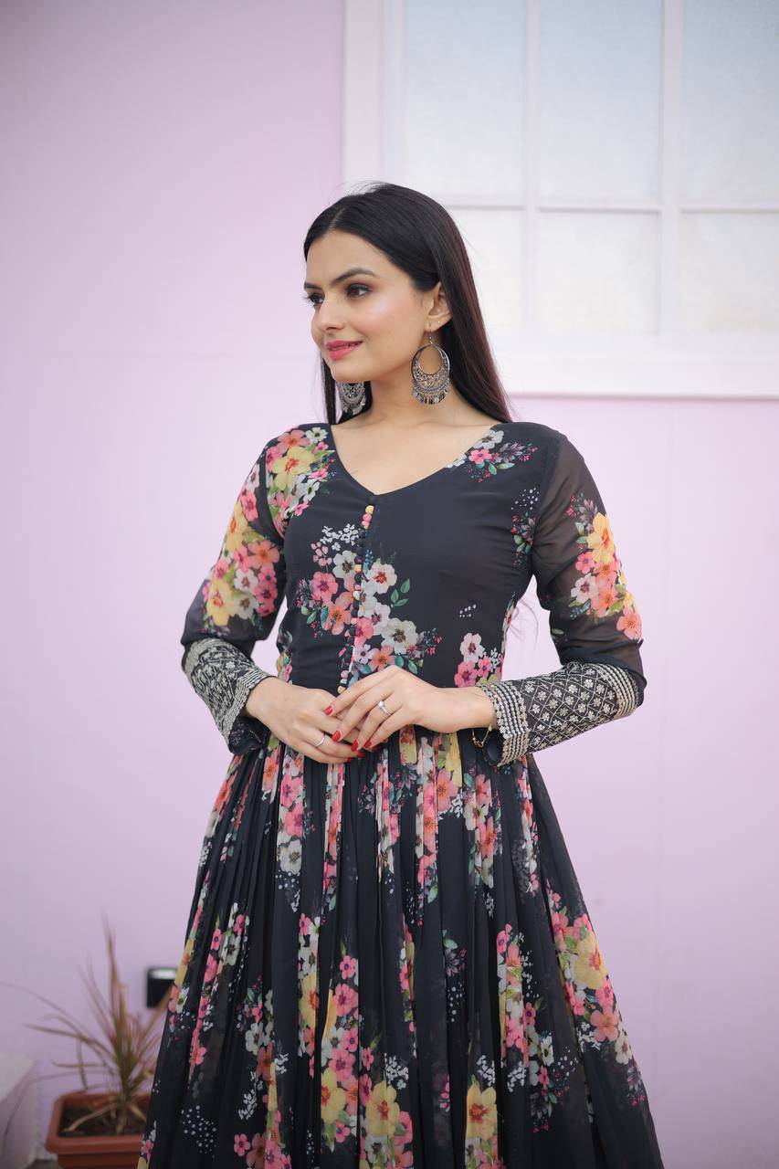 Thrilling Floral Digital Printed Sequins Zari Worked Fully Stitched Gown - INDIAN ELEGANCE