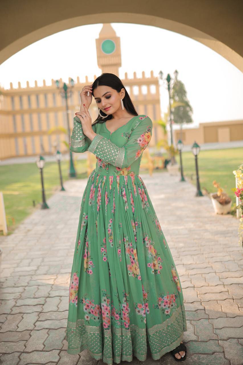 Thrilling Floral Digital Printed Sequins Zari Worked Fully Stitched Gown - INDIAN ELEGANCE