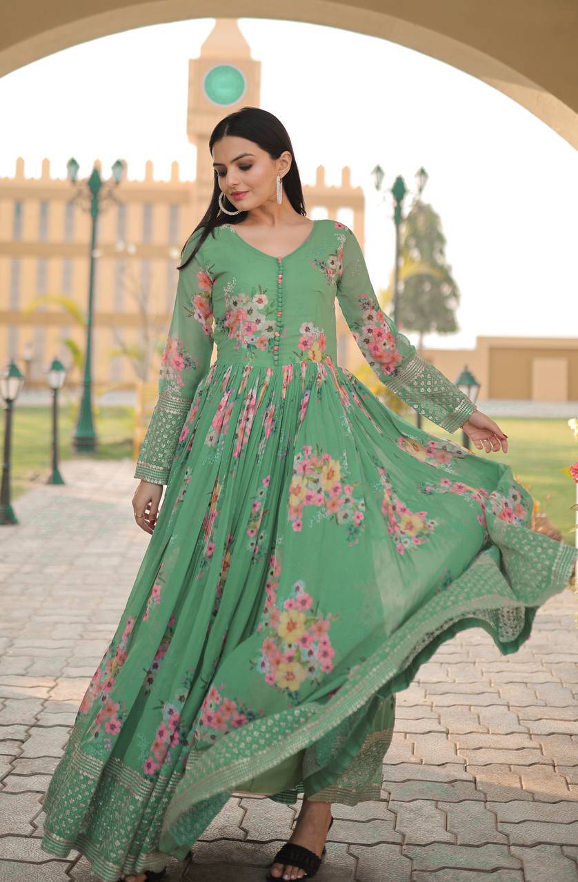 Thrilling Floral Digital Printed Sequins Zari Worked Fully Stitched Gown - INDIAN ELEGANCE