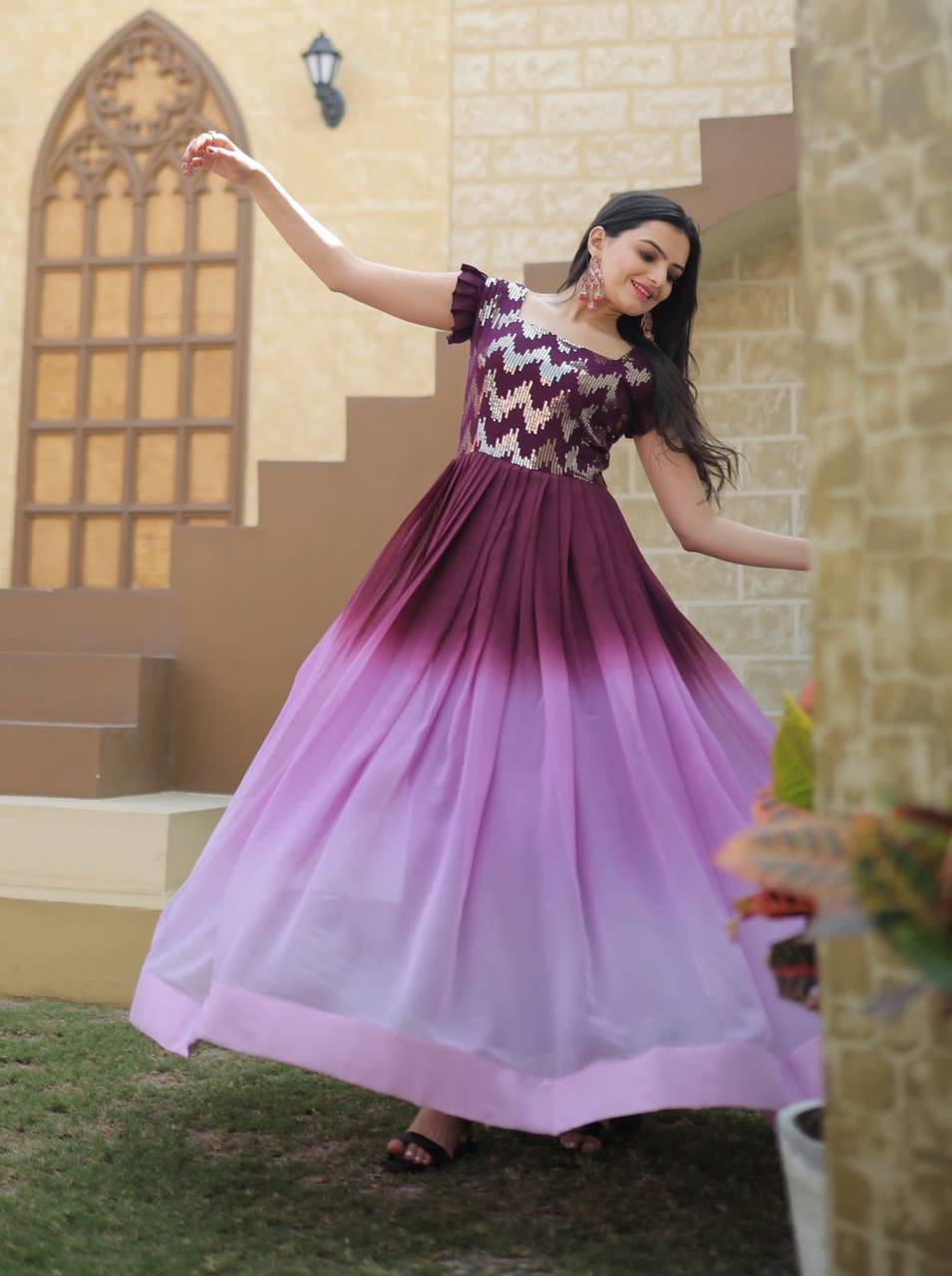 Dashing Faux Georgette Shaded Sequins Worked Gown - INDIAN ELEGANCE