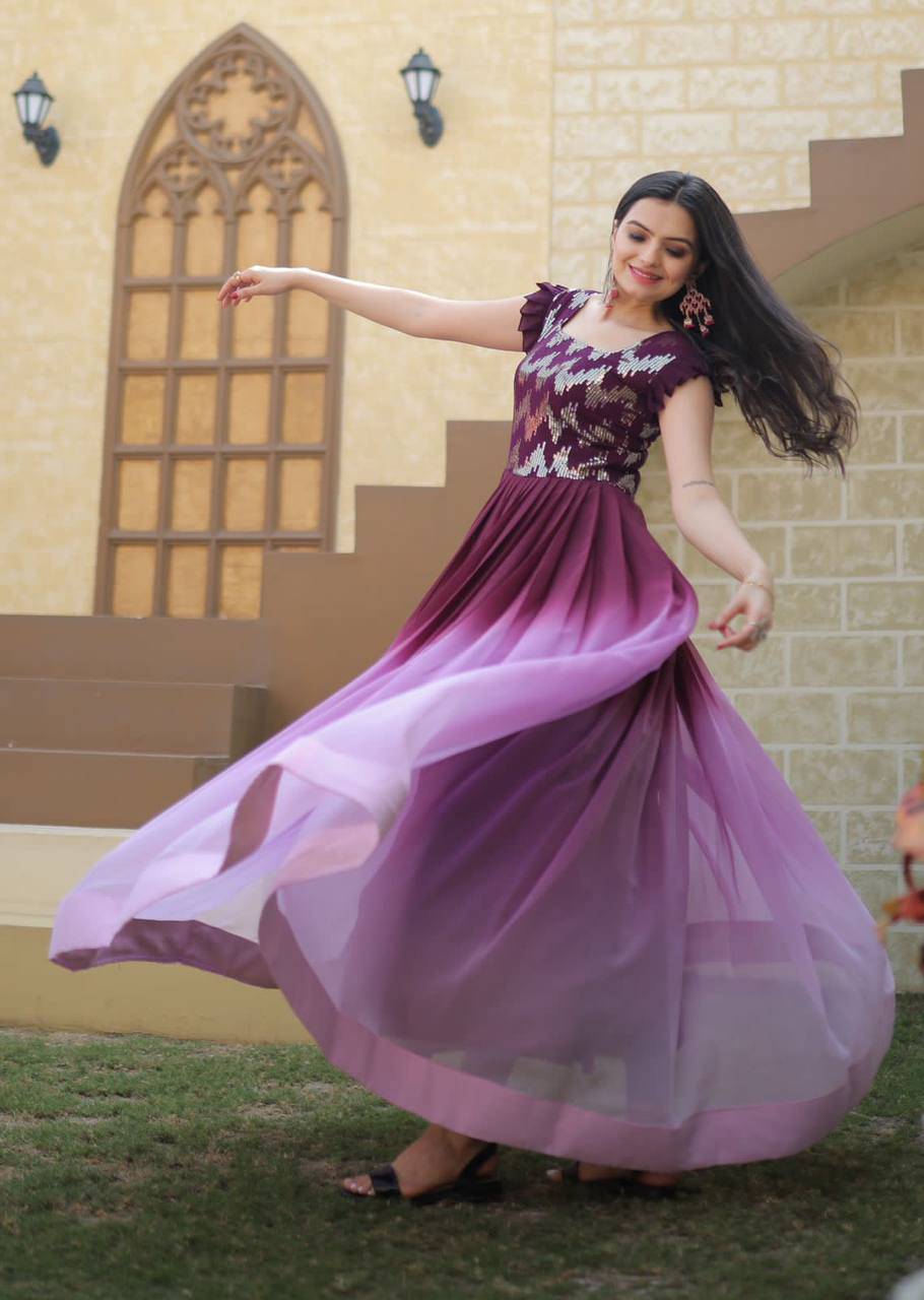 Dashing Faux Georgette Shaded Sequins Worked Gown - INDIAN ELEGANCE