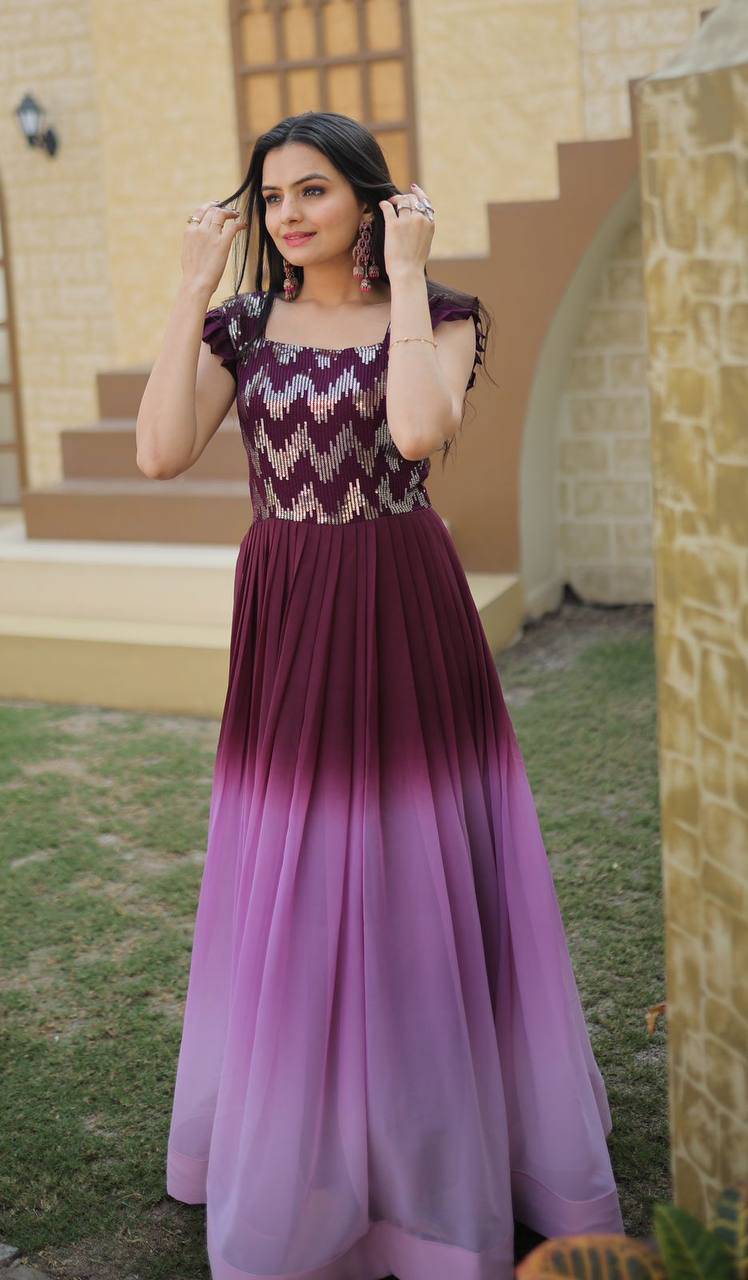 Dashing Faux Georgette Shaded Sequins Worked Gown - INDIAN ELEGANCE
