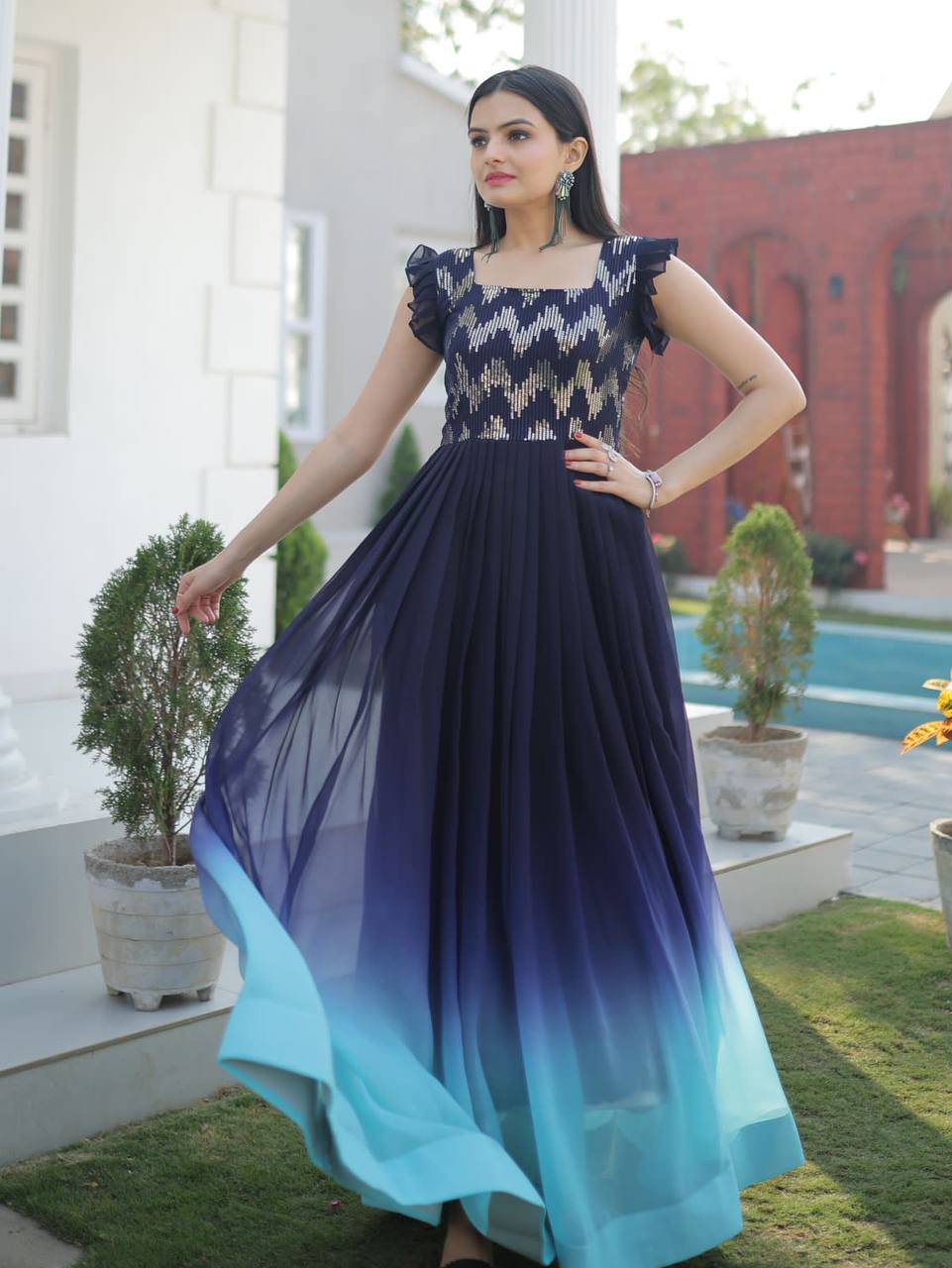 Dashing Faux Georgette Shaded Sequins Worked Gown - INDIAN ELEGANCE