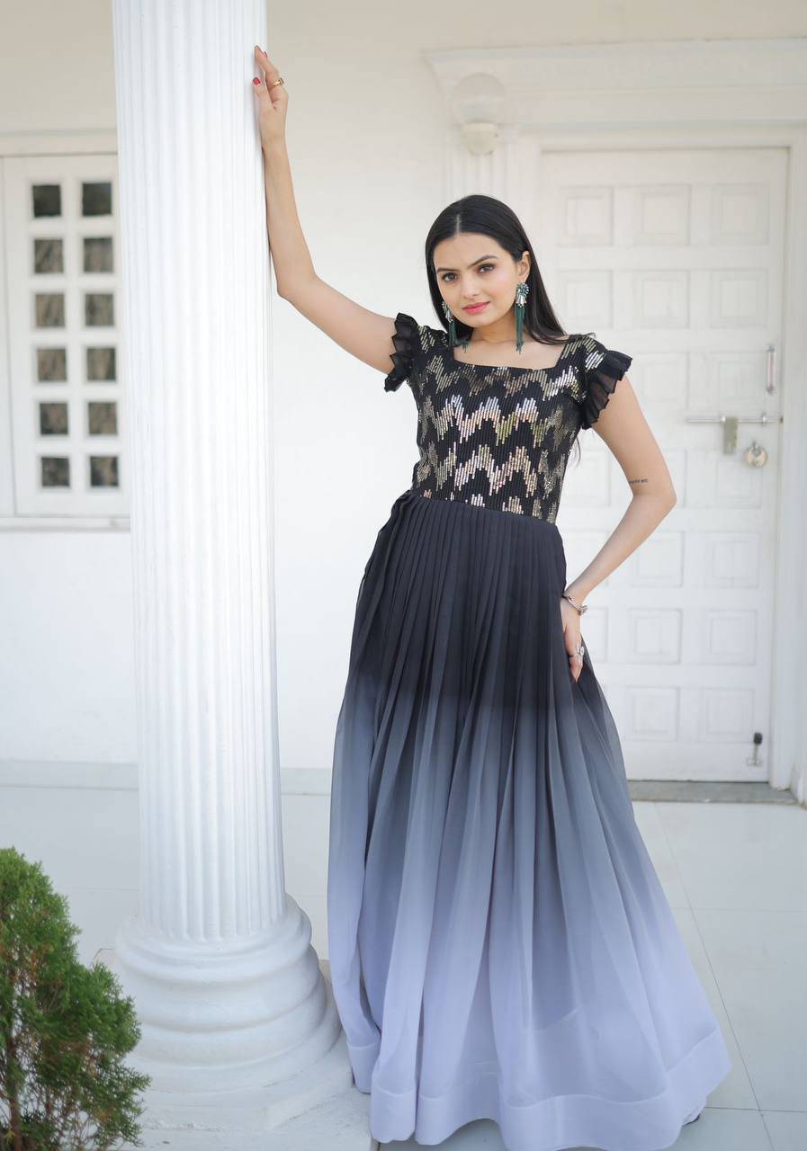 Dashing Faux Georgette Shaded Sequins Worked Gown - INDIAN ELEGANCE
