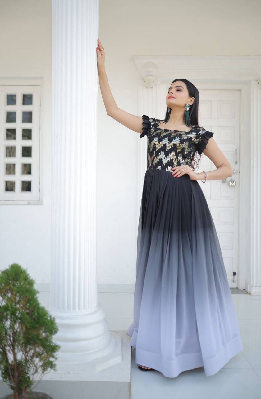 Dashing Faux Georgette Shaded Sequins Worked Gown - INDIAN ELEGANCE