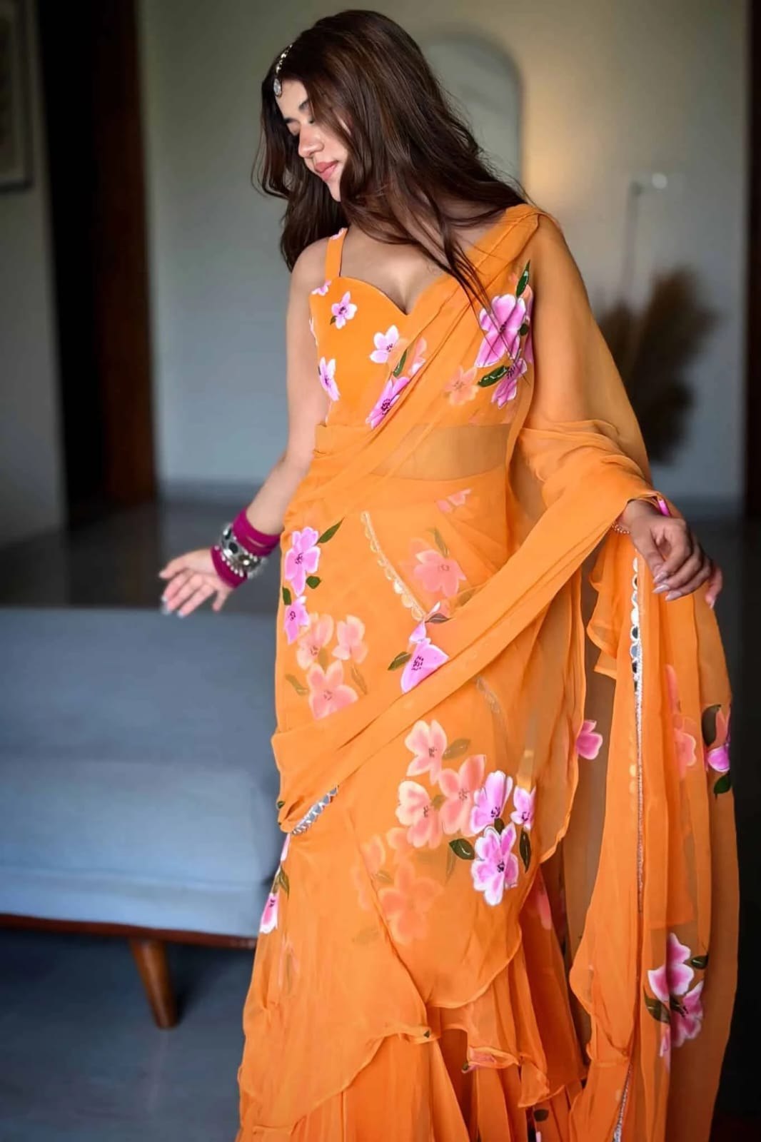 Party Wear Mustard Bloom Ruffle Lehenga Saree Set for Women – Ready to Wear Georgette Party Wear Saree