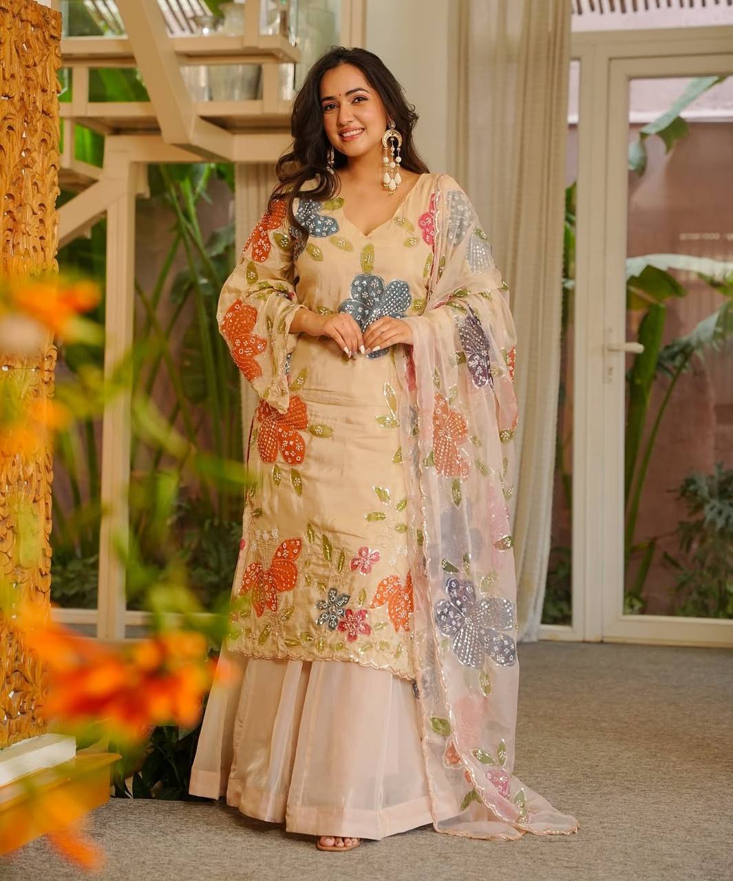 Wedding Wear Beige Tibby Organza Silk Sharara Suit Set with Floral Sequins Work Dupatta for woman