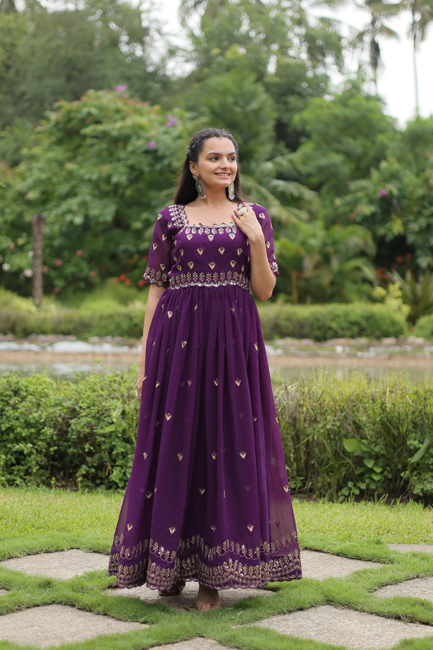 Striking Faux Georgette Zari Sequins Worked Stitched Gown - INDIAN ELEGANCE