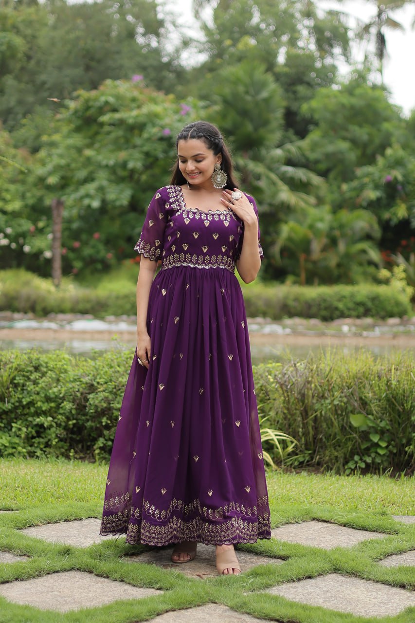 Striking Faux Georgette Zari Sequins Worked Stitched Gown - INDIAN ELEGANCE