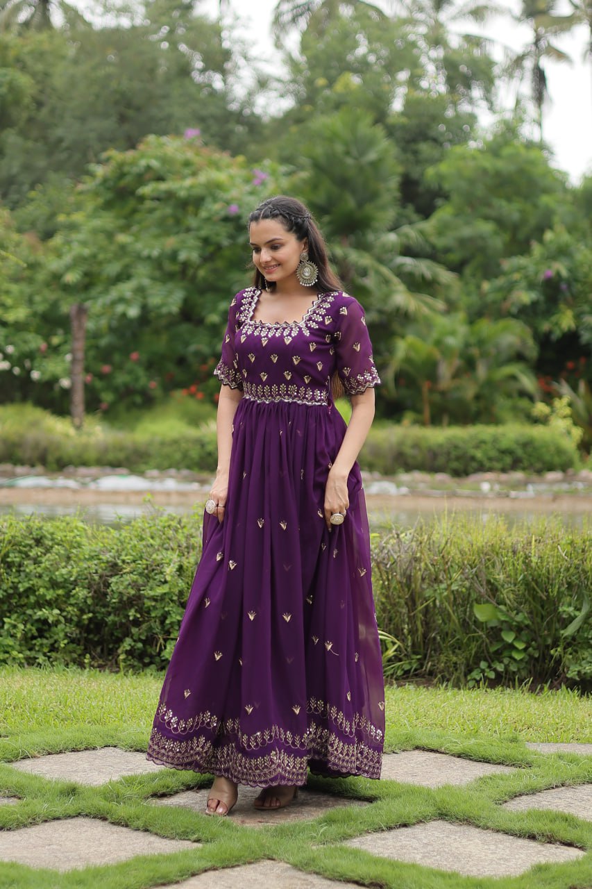 Striking Faux Georgette Zari Sequins Worked Stitched Gown - INDIAN ELEGANCE