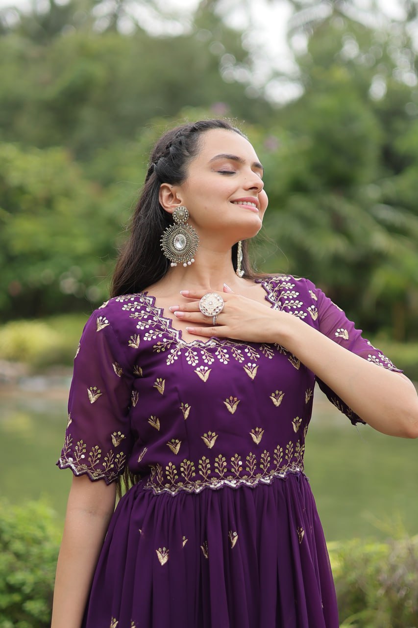Striking Faux Georgette Zari Sequins Worked Stitched Gown - INDIAN ELEGANCE
