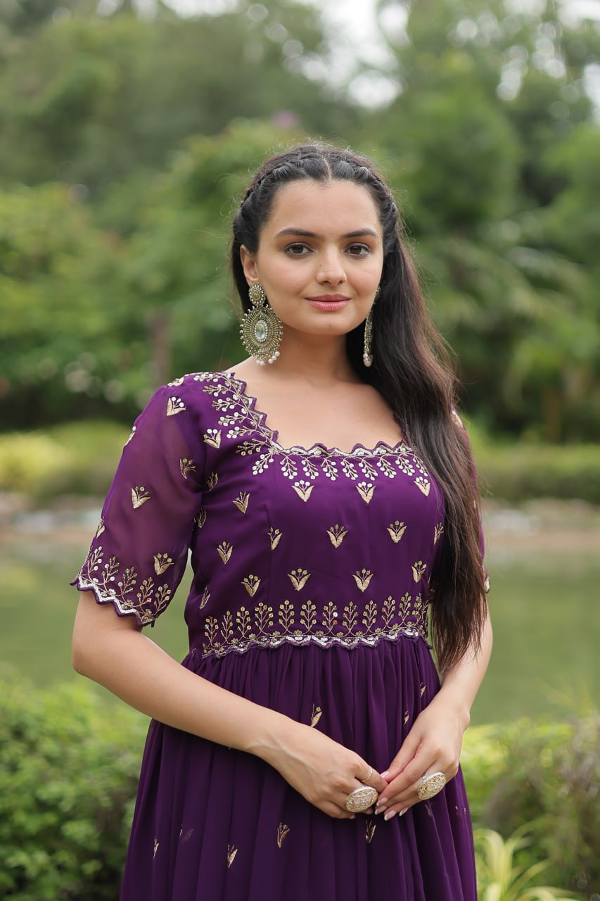 Striking Faux Georgette Zari Sequins Worked Stitched Gown - INDIAN ELEGANCE