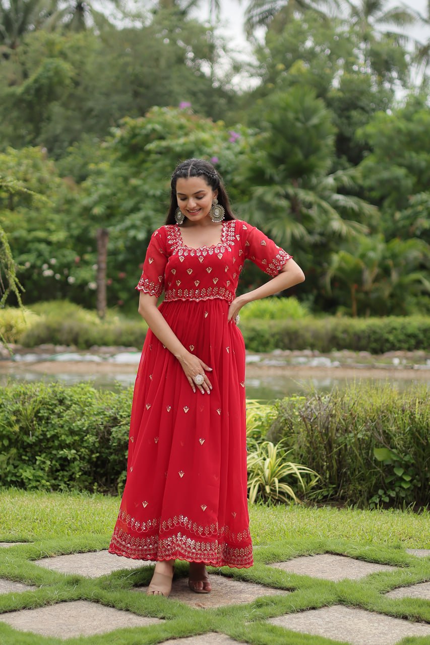 Striking Faux Georgette Zari Sequins Worked Stitched Gown - INDIAN ELEGANCE