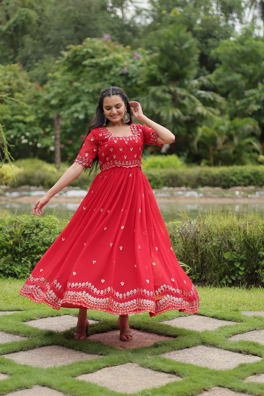 Striking Faux Georgette Zari Sequins Worked Stitched Gown - INDIAN ELEGANCE