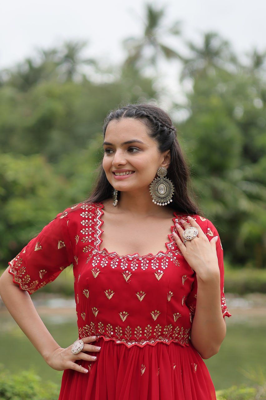 Striking Faux Georgette Zari Sequins Worked Stitched Gown - INDIAN ELEGANCE