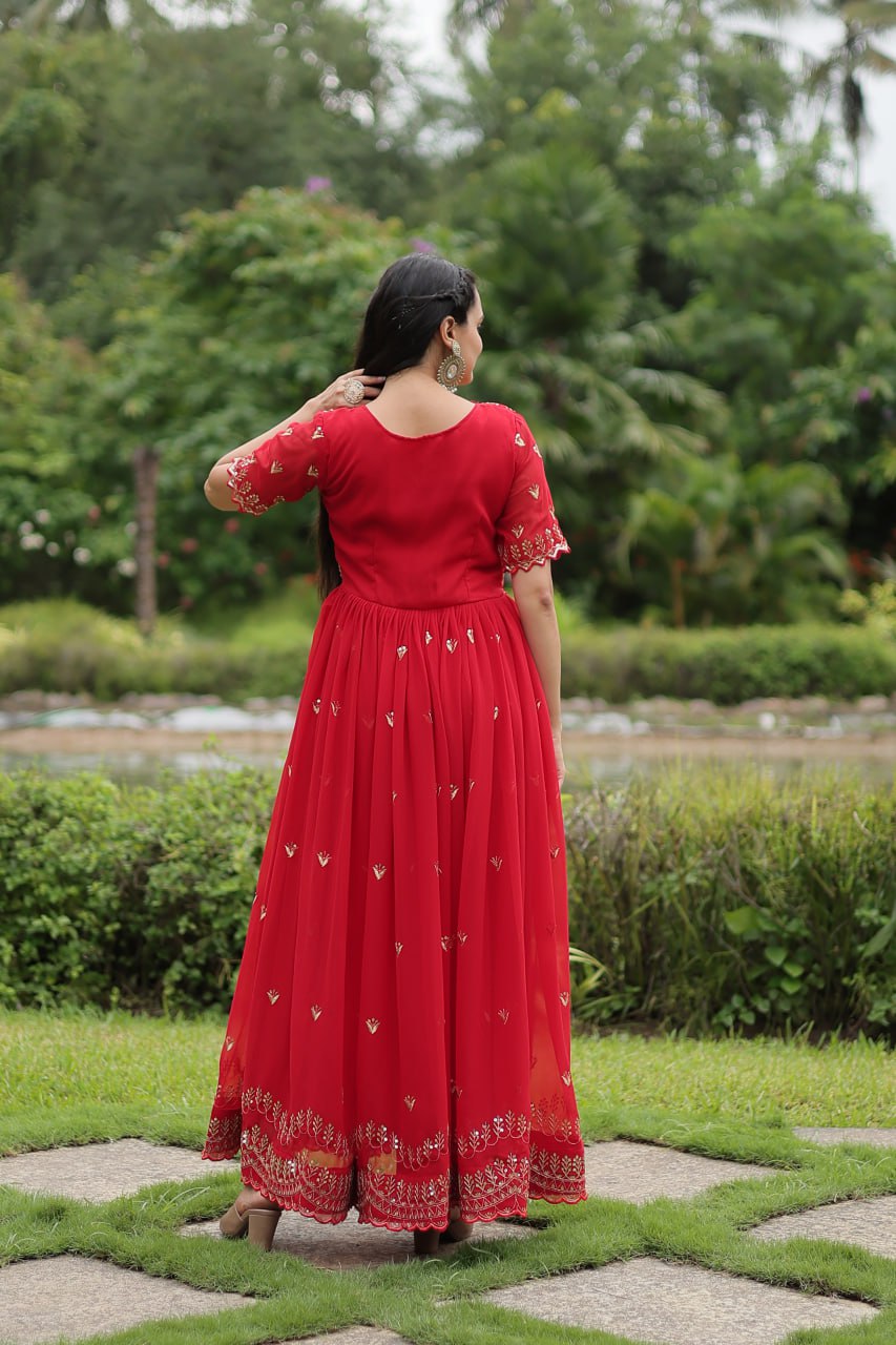 Striking Faux Georgette Zari Sequins Worked Stitched Gown - INDIAN ELEGANCE