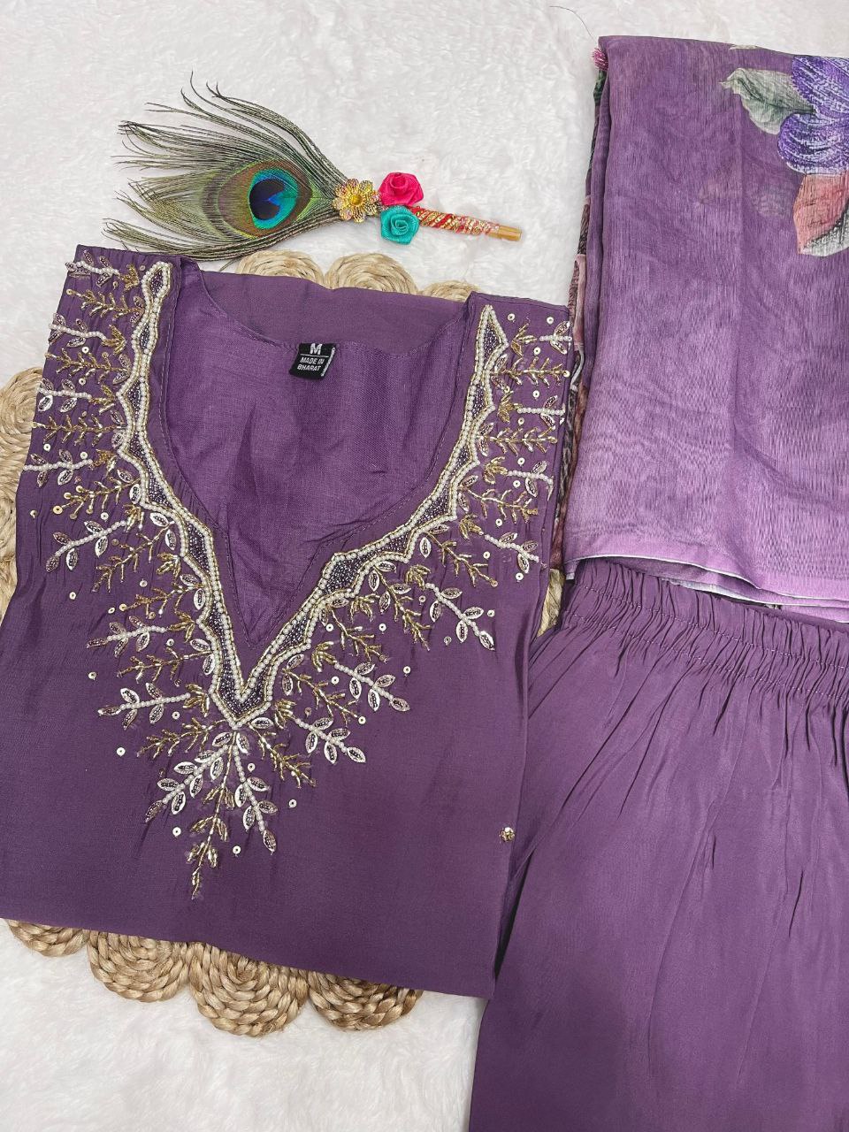 Fabulous Light Purple Roman Silk Handworked Kurta Pant Dupatta Set - INDIAN ELEGANCE