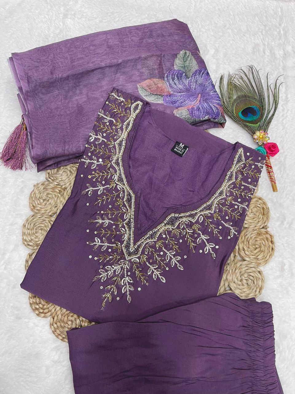 Fabulous Light Purple Roman Silk Handworked Kurta Pant Dupatta Set - INDIAN ELEGANCE