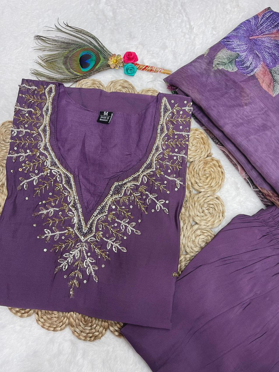 Fabulous Light Purple Roman Silk Handworked Kurta Pant Dupatta Set - INDIAN ELEGANCE