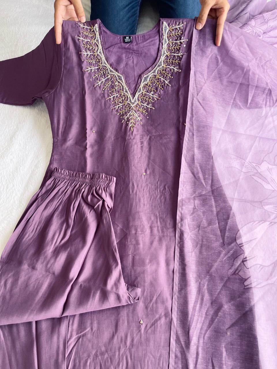 Fabulous Light Purple Roman Silk Handworked Kurta Pant Dupatta Set - INDIAN ELEGANCE