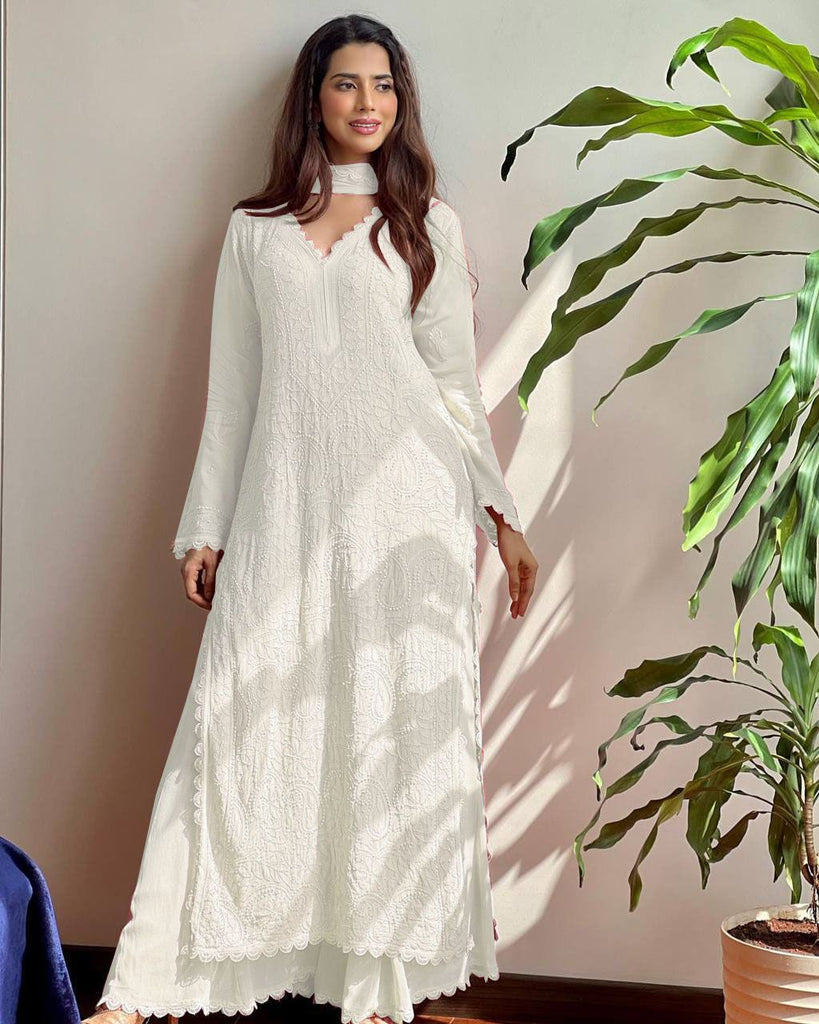 Chikankari Embroidered Kurta Palazzo Dupatta Set – Elegant Ethnic Wear for Every Occasion