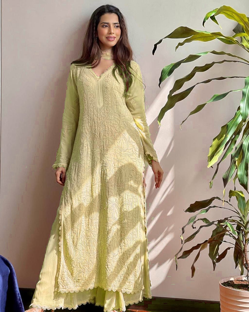 Chikankari Embroidered Kurta Palazzo Dupatta Set – Elegant Ethnic Wear for Every Occasion