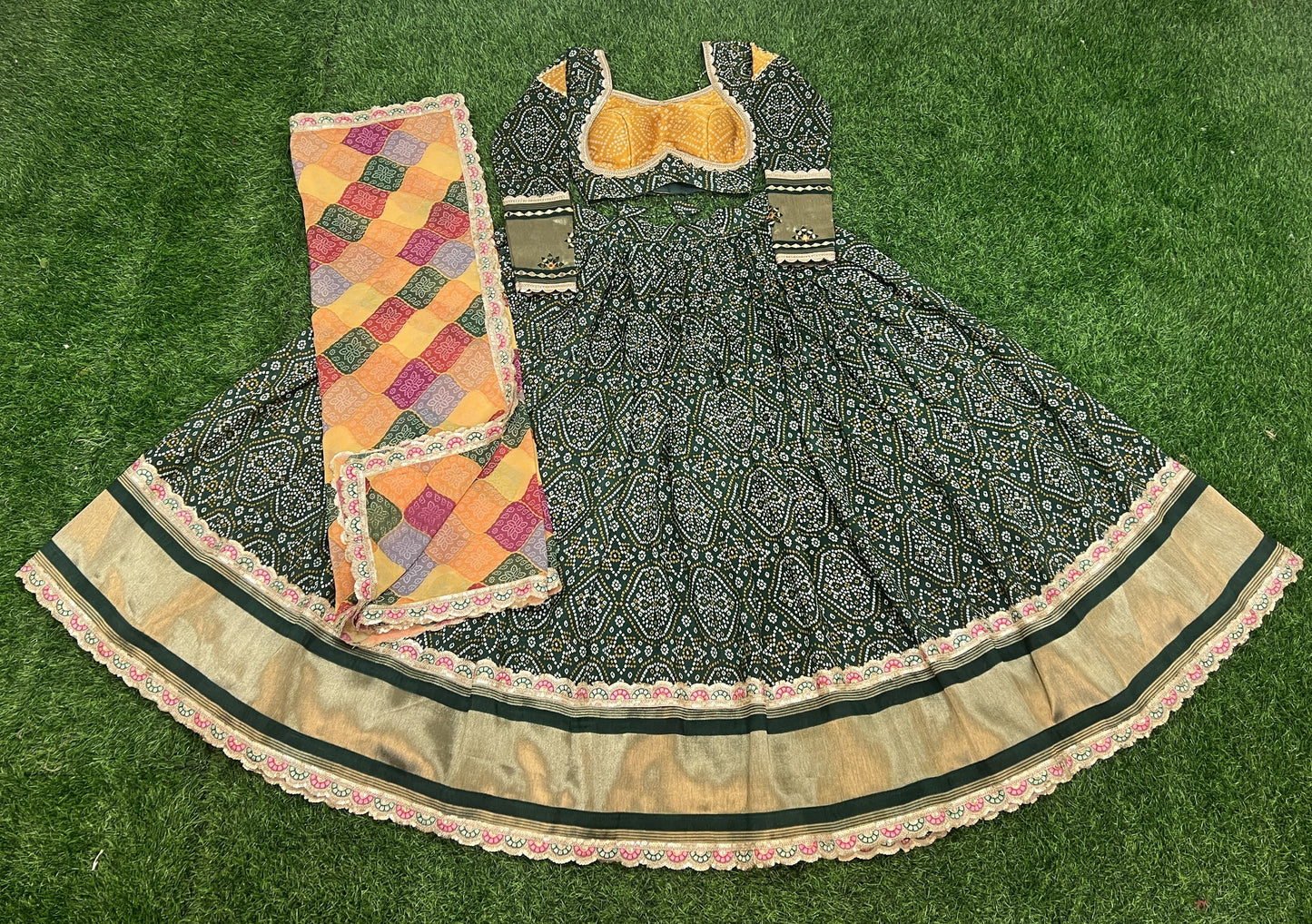 Alluring Green Gaji Silk Printed Zari Thread Sequins Worked Lehenga Choli - INDIAN ELEGANCE