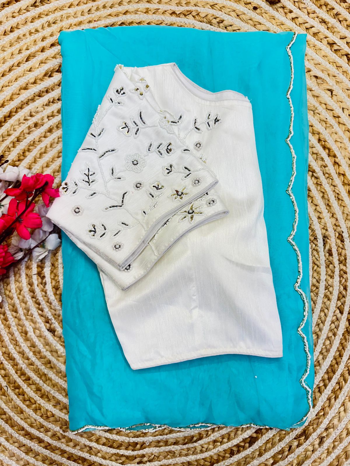 Alluring Soft Organza Saree With Stitched Handworked Blouse - INDIAN ELEGANCE