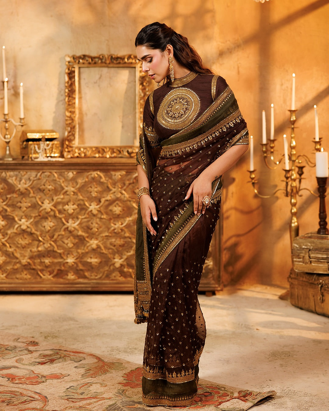 Luxury Chocolate Brown Tibby Silk Saree With Intricate Thread & Sequence Work For Wedding, Reception & Festive Wear