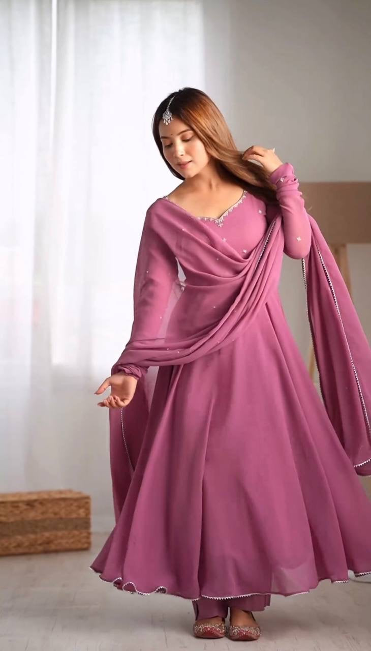 Lavender Color Gerogatte Fabric Fully Stiched Anarkali