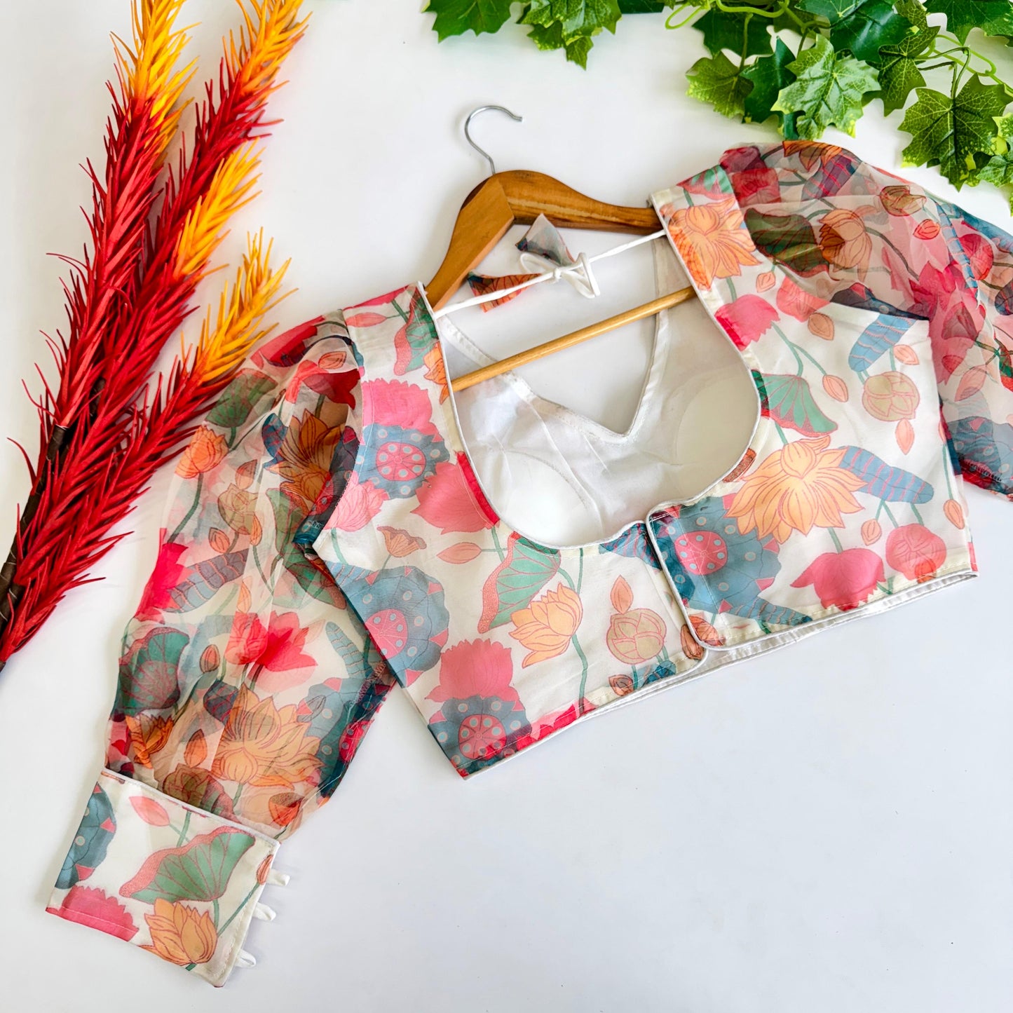 Elegant Organza Kalamkari Printed Fully Stitched Full Sleeved Blouse - INDIAN ELEGANCE