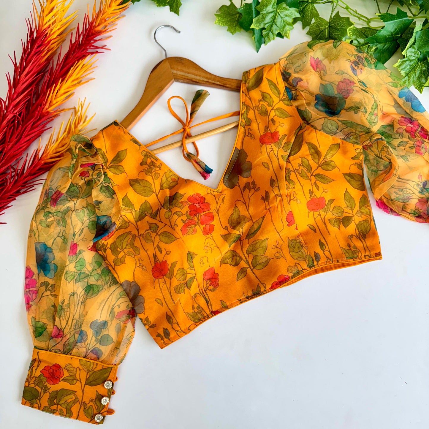 Elegant Organza Kalamkari Printed Fully Stitched Full Sleeved Blouse - INDIAN ELEGANCE