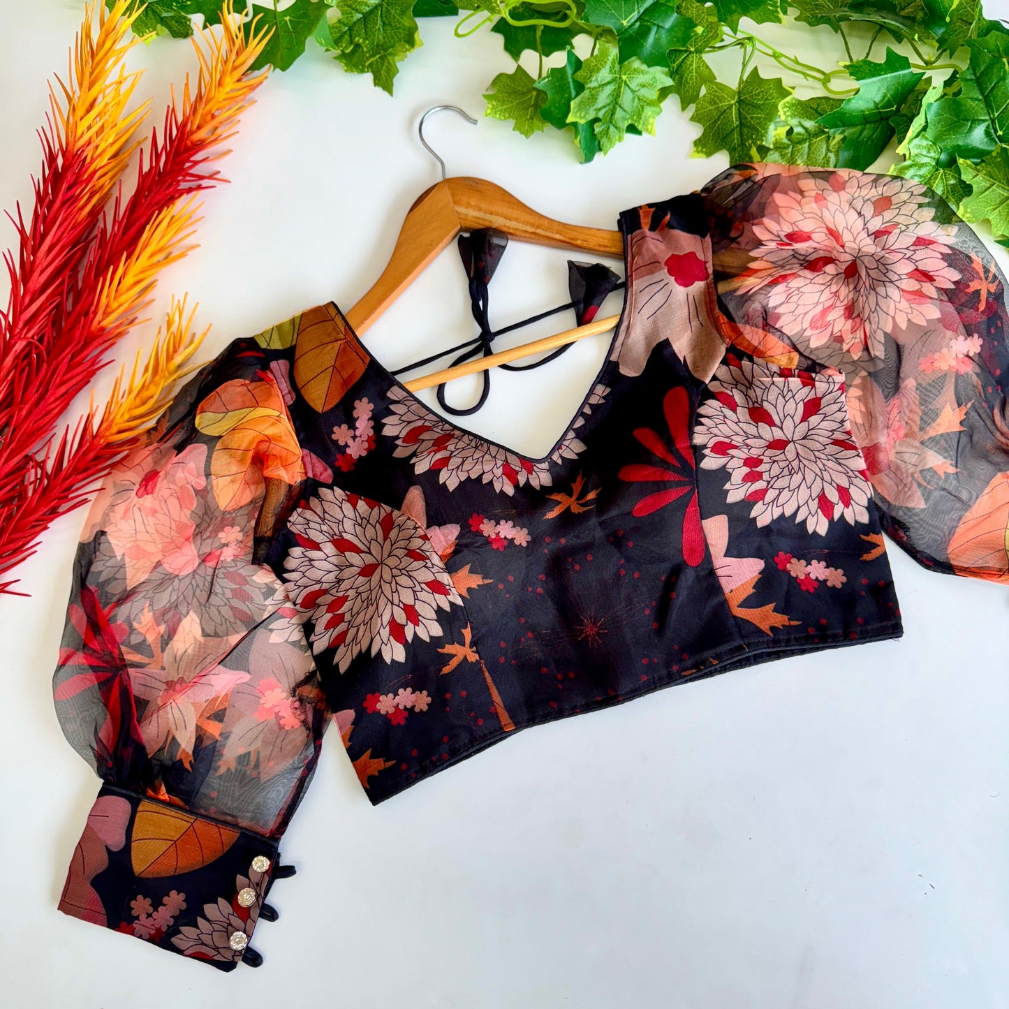 Elegant Organza Kalamkari Printed Fully Stitched Full Sleeved Blouse - INDIAN ELEGANCE