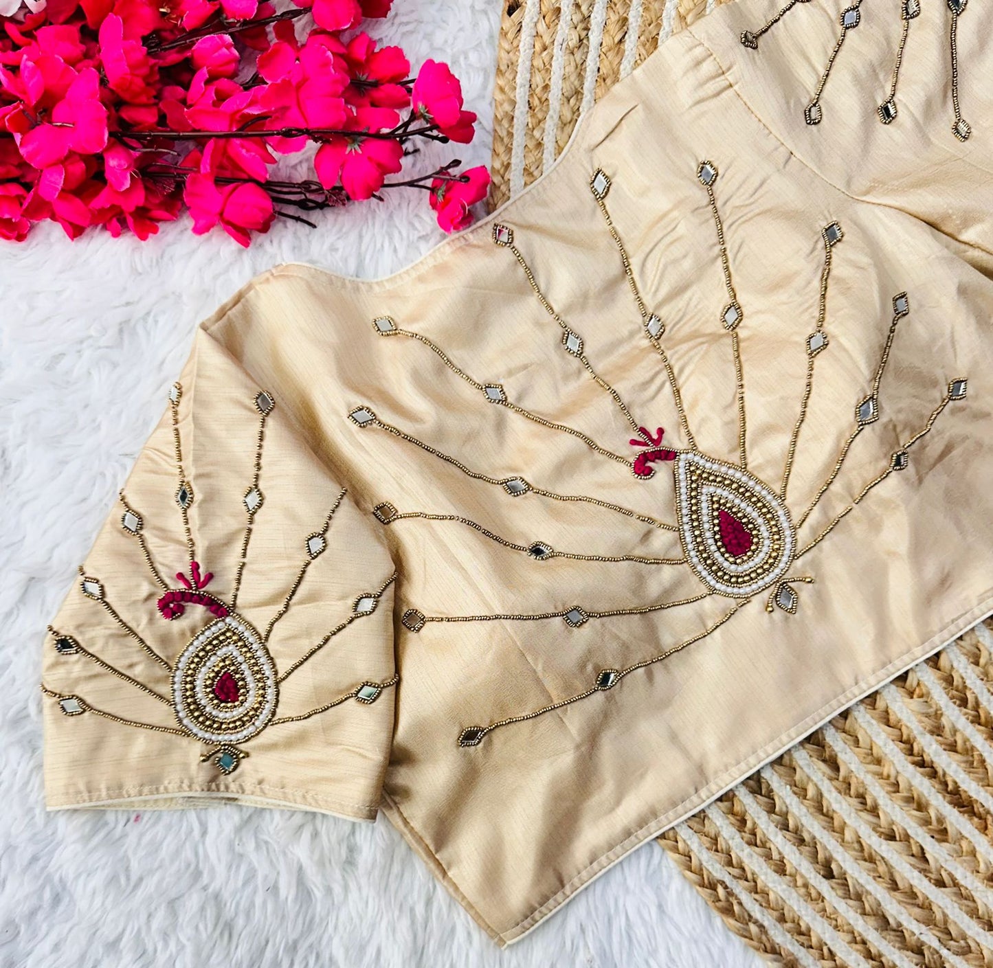 Exquisite Muga Silk Golden Handcrafted Ambla Mirror Worked Blouse - INDIAN ELEGANCE