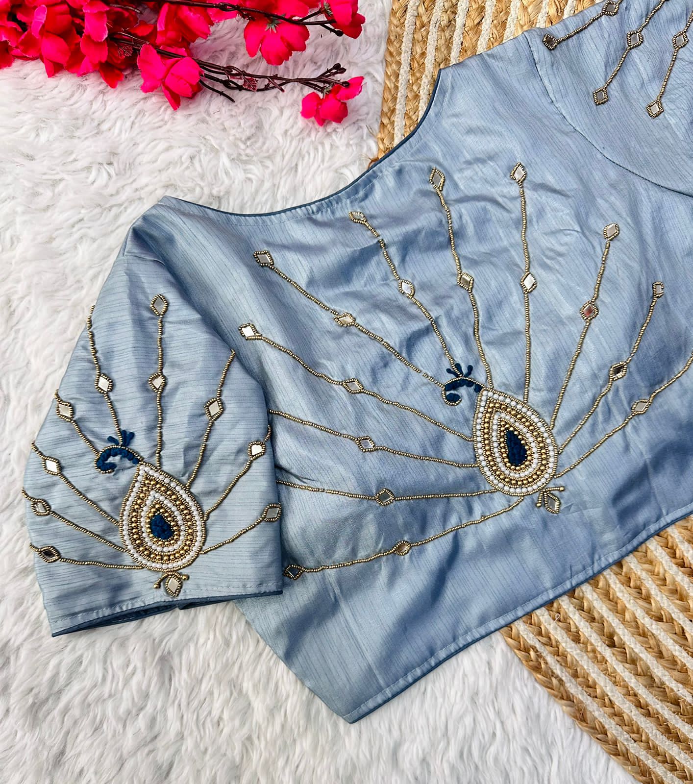 Exquisite Muga Silk Golden Handcrafted Ambla Mirror Worked Blouse - INDIAN ELEGANCE