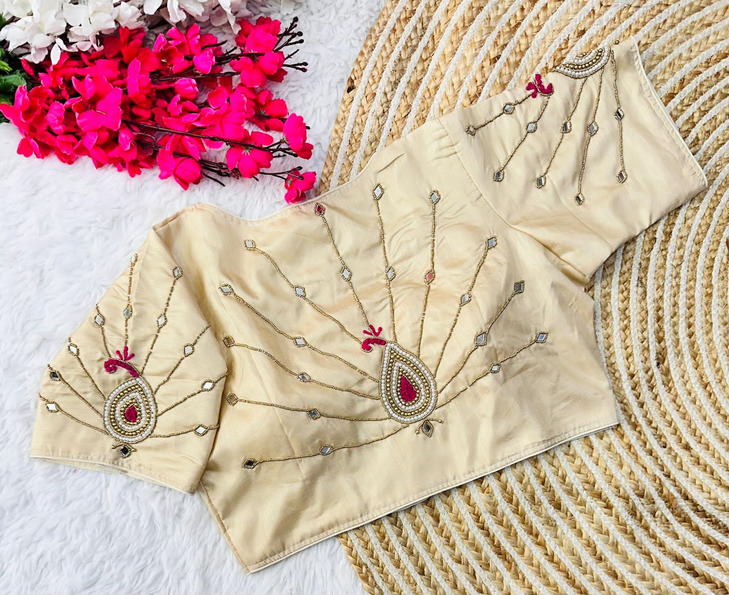 Exquisite Muga Silk Golden Handcrafted Ambla Mirror Worked Blouse - INDIAN ELEGANCE