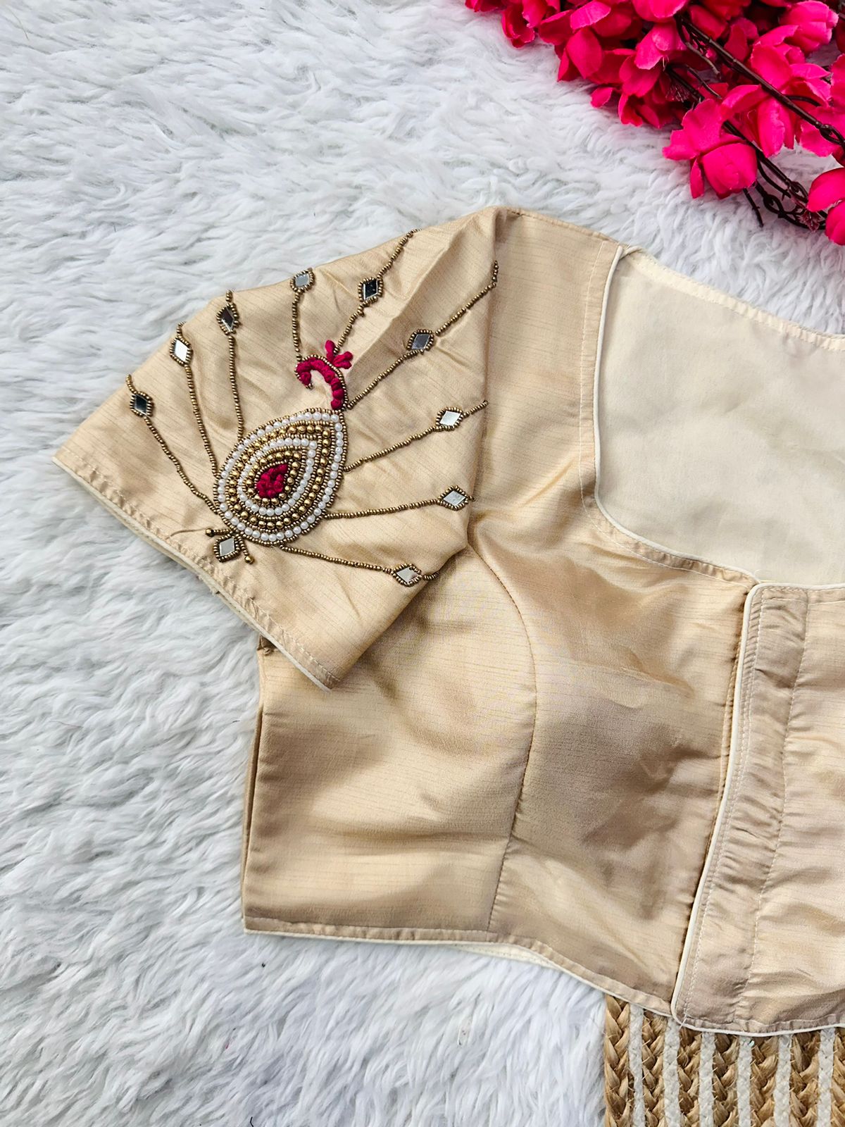 Exquisite Muga Silk Golden Handcrafted Ambla Mirror Worked Blouse - INDIAN ELEGANCE