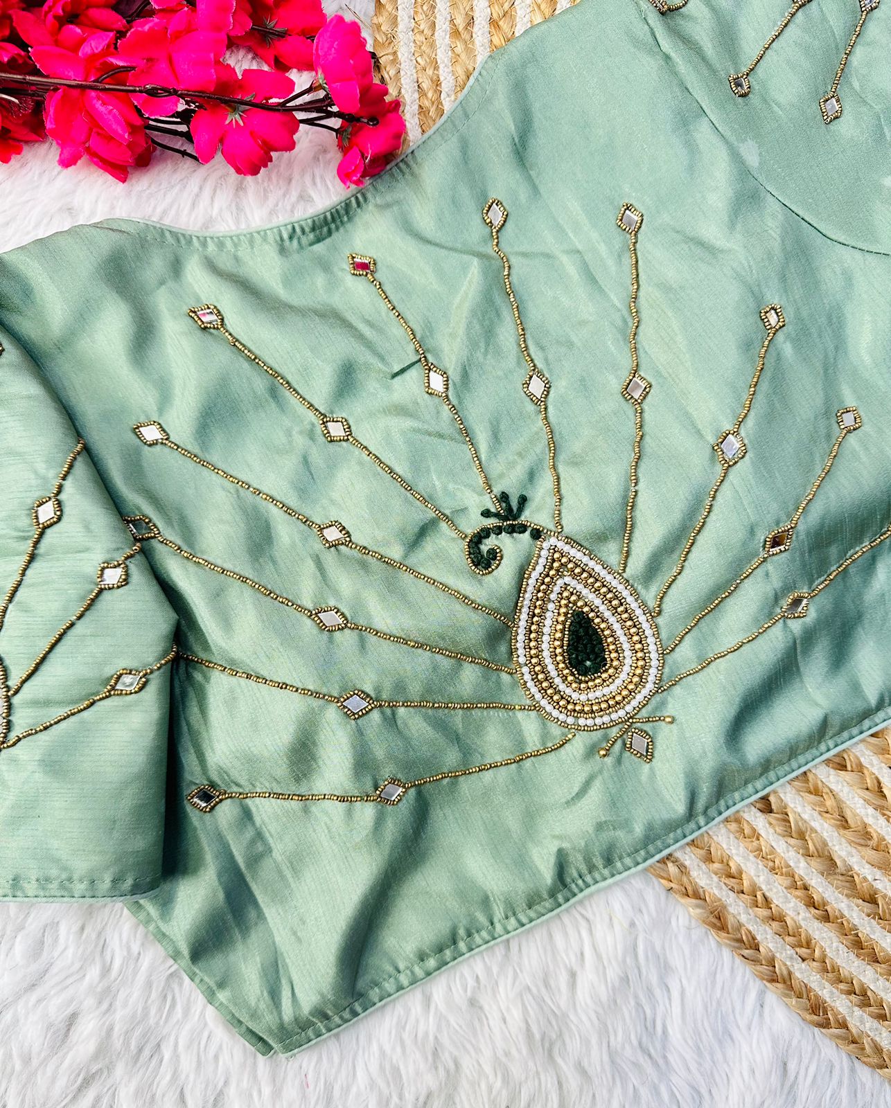Exquisite Muga Silk Golden Handcrafted Ambla Mirror Worked Blouse - INDIAN ELEGANCE