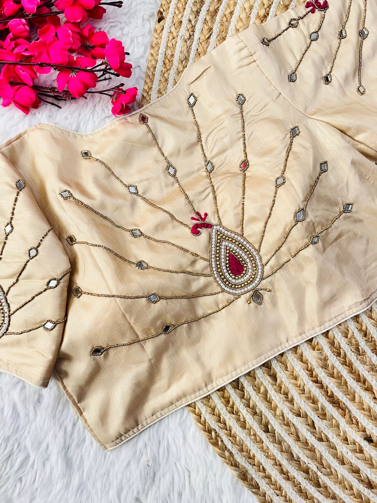 Exquisite Muga Silk Golden Handcrafted Ambla Mirror Worked Blouse - INDIAN ELEGANCE